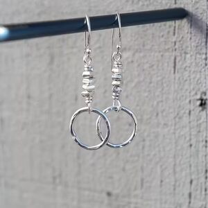 Round Silver Hammered Drop Earrings Dangle Pendant Hollow Open Circle Charm Boho